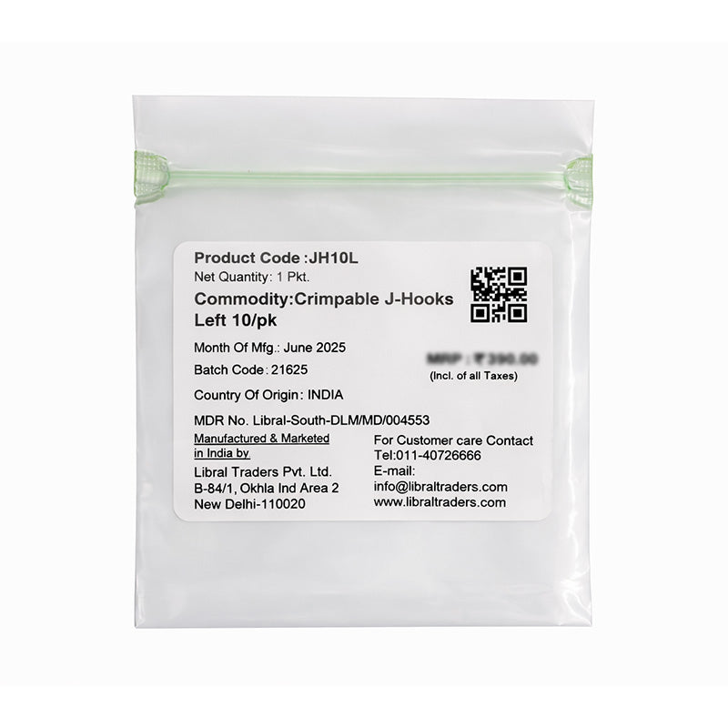 Captain Crimpable J-Hooks 021 x 025 weldable orthodontic hooks, shown in a left-side view, part of a 10-pack for dental use