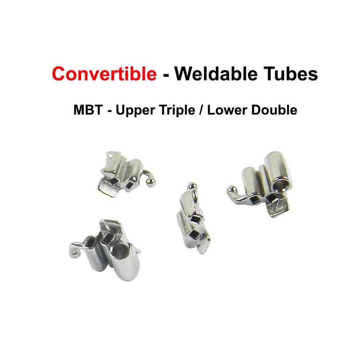 Captain Orthodontics weldable MBT/Roth .022 molar tubes for braces, shown on first molar tooth in right lateral view.