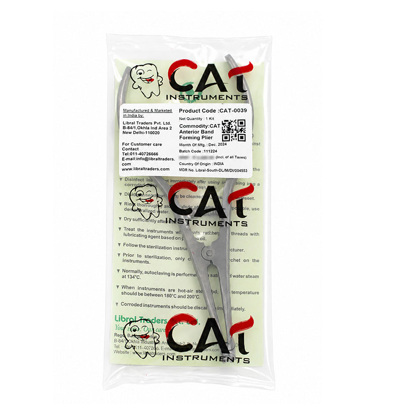 CAT Instruments anterior band forming plier for banding procedures, stainless steel surgical instrument with ergonomic handle.