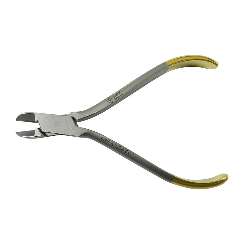 CAT Instruments mini ligature cutter with TC inserts, 11.5 cm, showing sharp blades and ergonomic handle for precise cutting.
