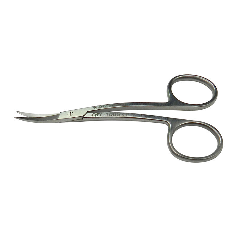 Curved CAT La Grange scissors, 11.5cm, with stainless steel blades and ergonomic handles, designed for precise surgical cutting.