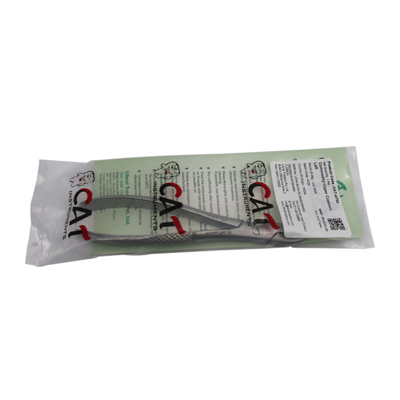 CAT Instruments upper cowhorn left adult extraction forceps for dental procedures, showing the stainless steel dental forceps in a close-up view.