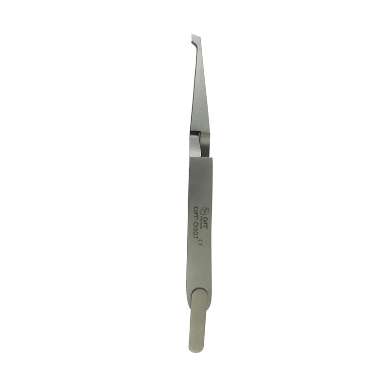 CAT Instruments anterior tweezer tips on forceps with bracket holder, showing precision surgical instrument for delicate procedures.