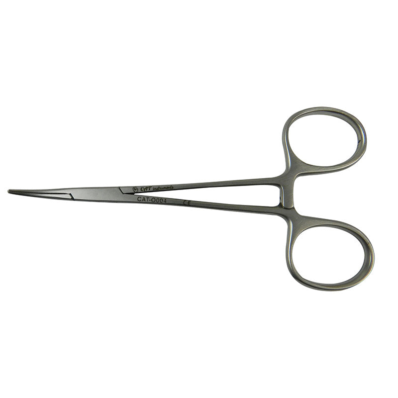 CAT Instruments curved Halsted mosquito forceps, 12.5 cm, with fine tips for precise surgical gripping and tissue handling.