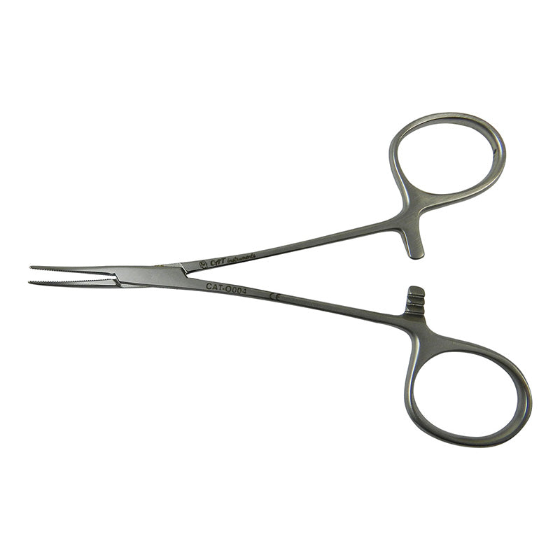 CAT Instruments curved Halsted mosquito forceps, 12.5 cm, stainless steel surgical tweezers with fine tips for precise handling.