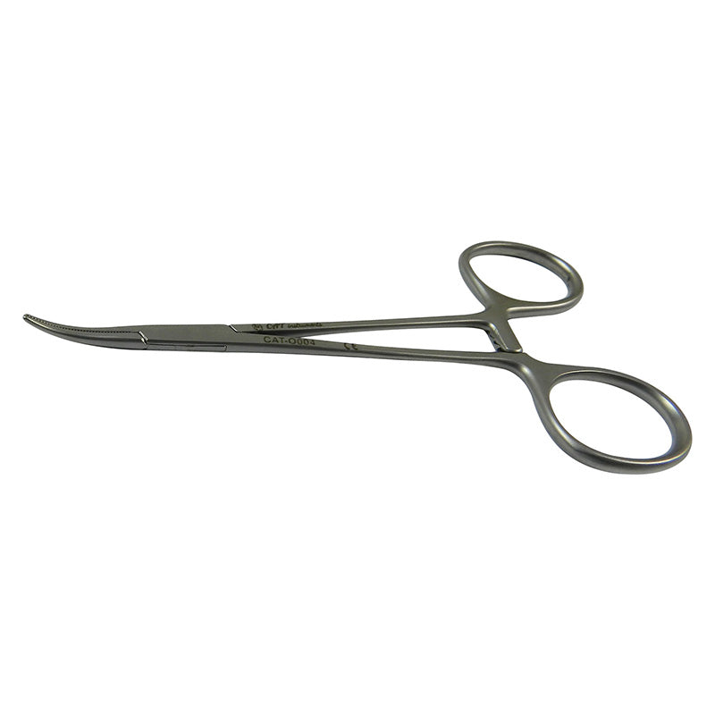 CAT Instruments curved Halsted mosquito forceps, 12.5 cm, stainless steel surgical tweezers for precise medical procedures.