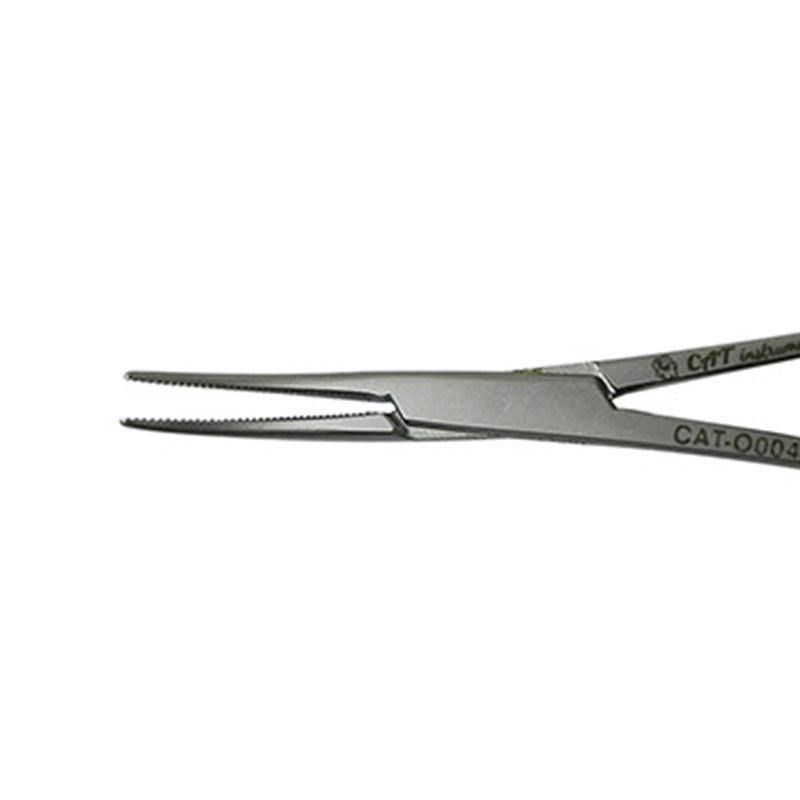CAT Instruments curved Halsted mosquito forceps, 12.5 cm, stainless steel surgical tweezers with fine tips for precise gripping.