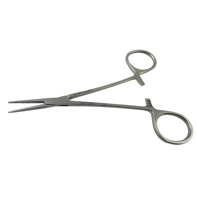 CAT Instruments straight Halsted mosquito forceps, 12.5 cm, stainless steel surgical tweezers with fine tips for precise handling.
