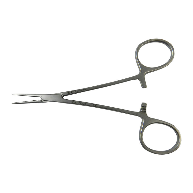 CAT Instruments straight Halsted mosquito forceps, 12.5 cm, stainless steel surgical tweezers with fine tips for precise gripping.