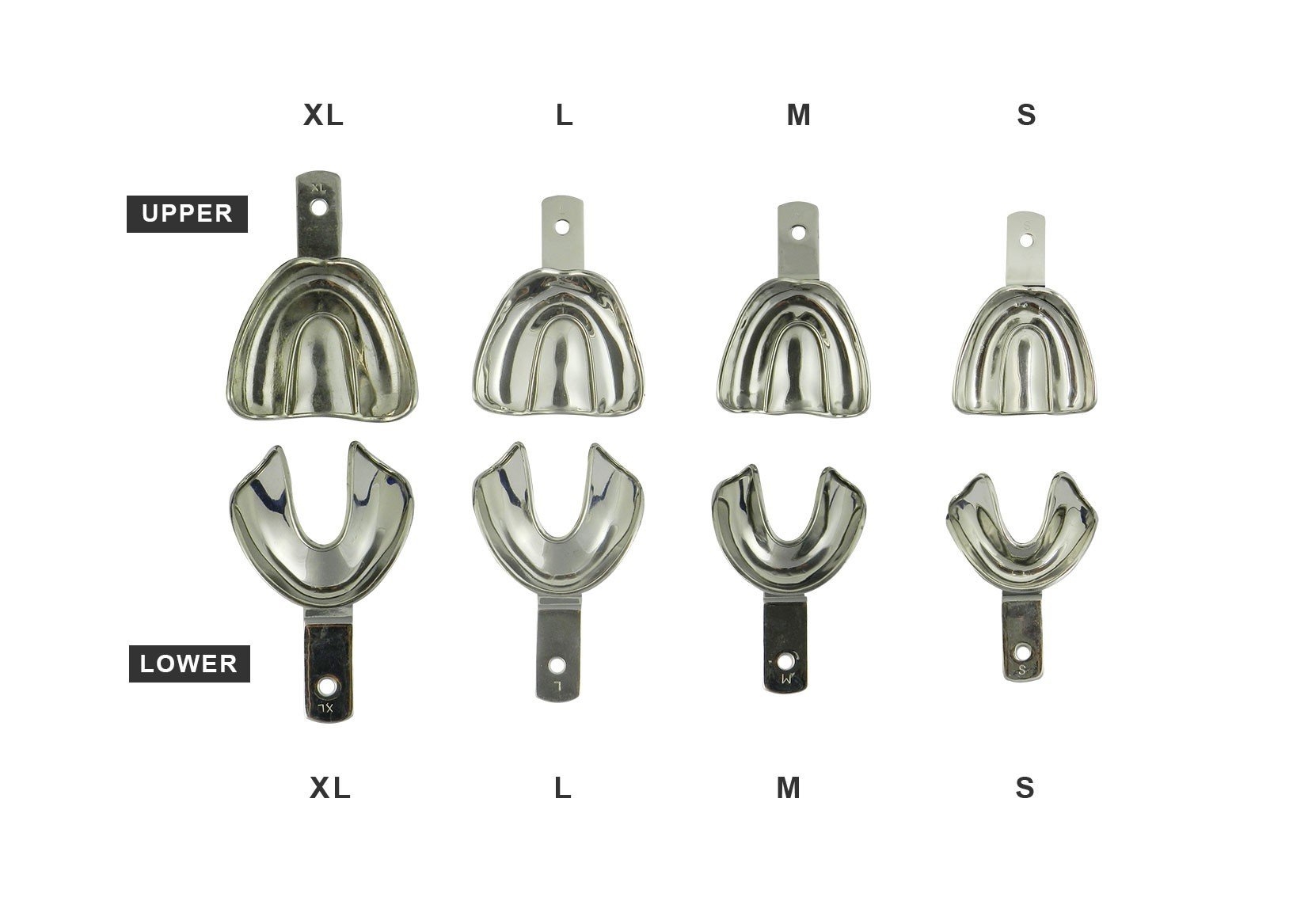 Set of four CAT SS Impression Trays for edentulous impressions, non-perforated, suitable for upper and lower dental impressions.