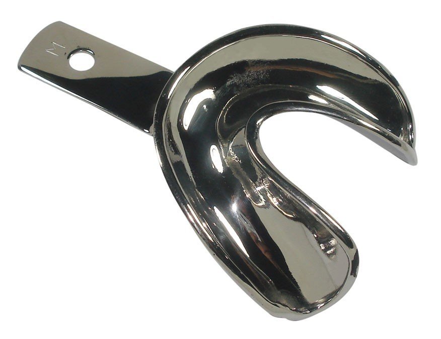 Set of four CAT Instruments edentulous CAT SS impression trays, non-perforated, for upper and lower dental impressions.