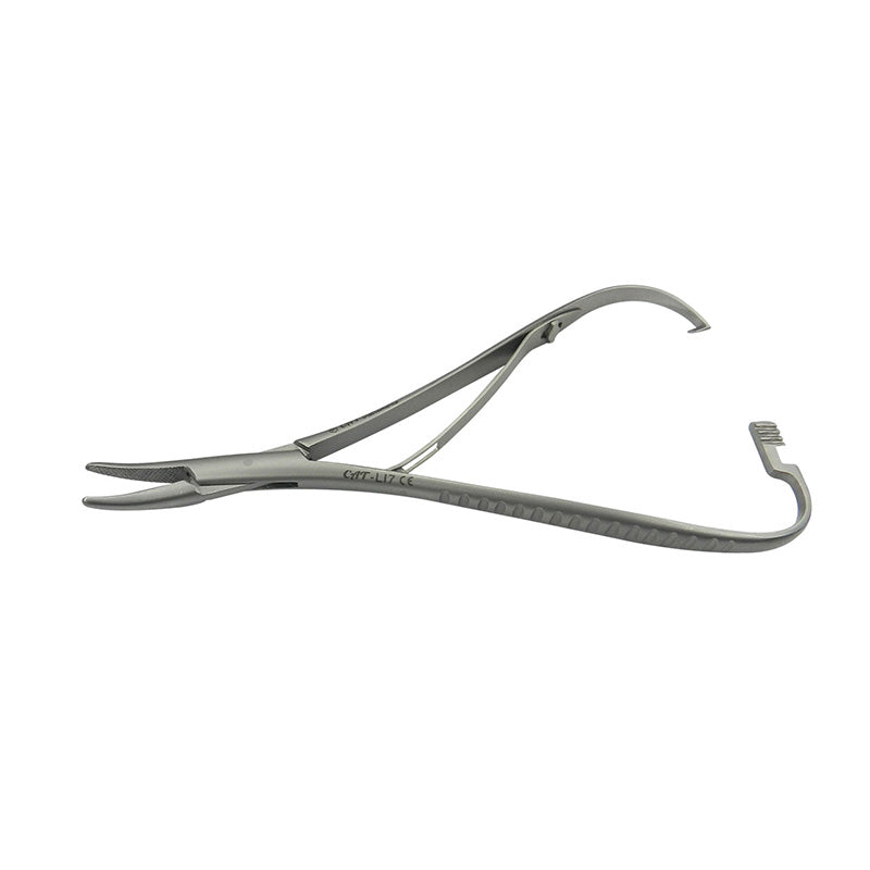 Curved CAT Instruments lingual pliers with Mathieu needle holder for precise dental procedures, featuring ergonomic design.