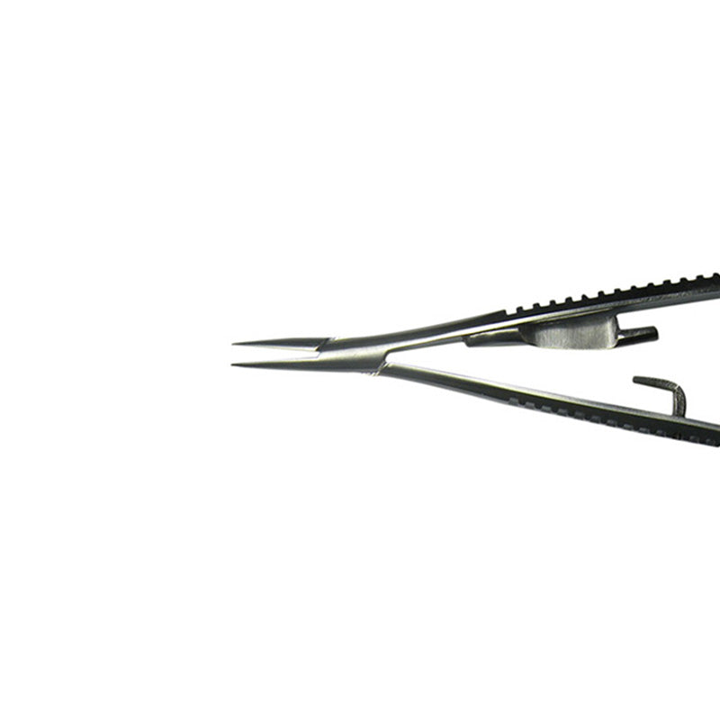 Curved CAT Instruments Castroviejo needle holder, 9 cm surgical tool with textured grip for precise suturing.
