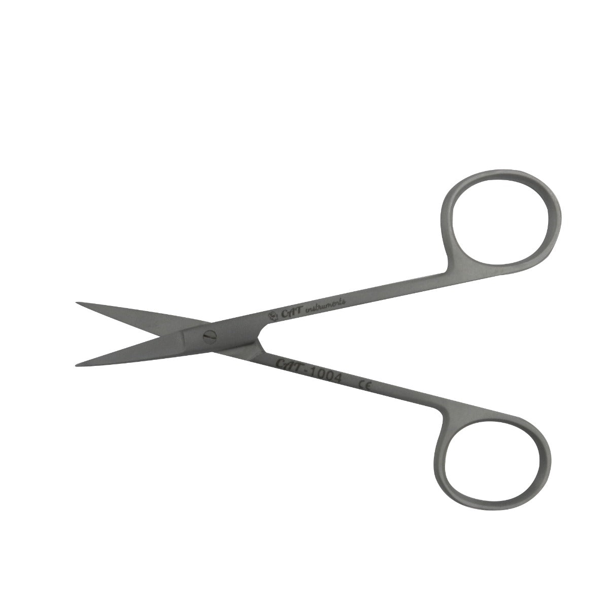 CAT Instruments surgical curved iris scissors, 9 cm, with fine tips for precise eye surgery procedures.