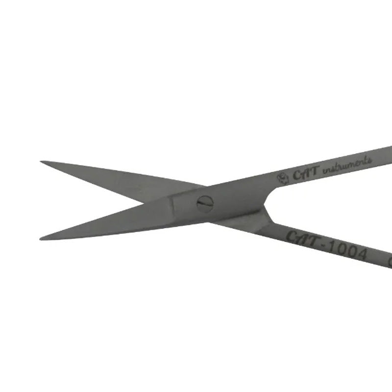 CAT Instruments surgical curved iris scissors, 9 cm, with fine blades for precise eye surgery.
