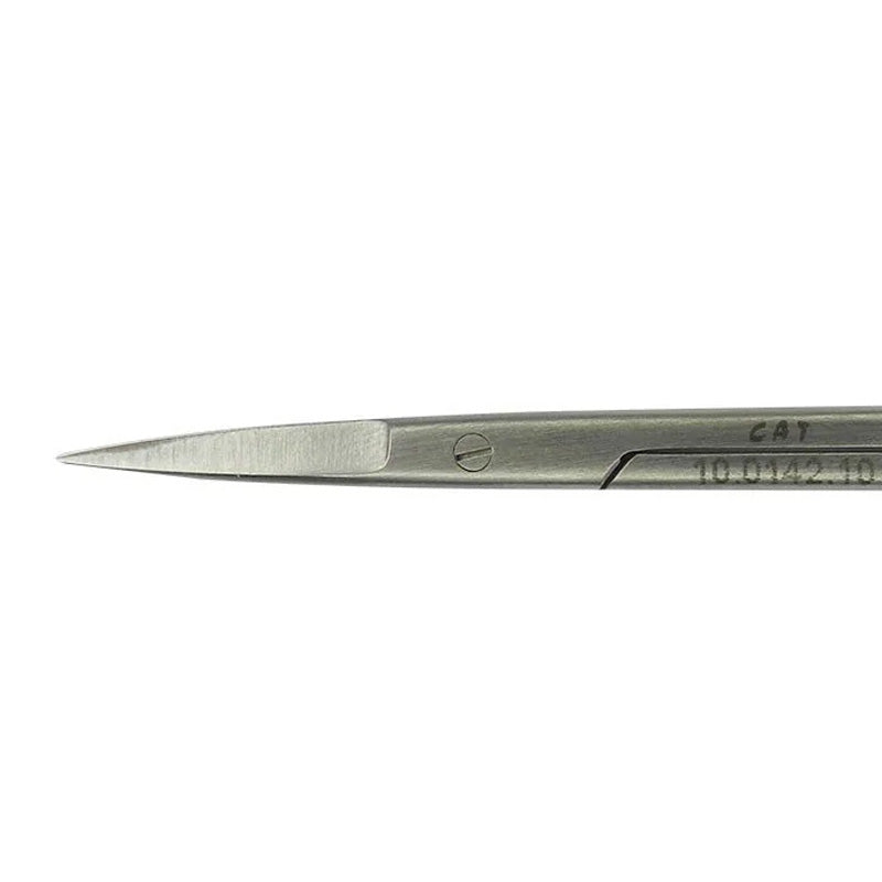 Straight CAT Iris Surgical Scissors by CAT Instruments, 10 cm, with sharp blades for precise surgical cuts.