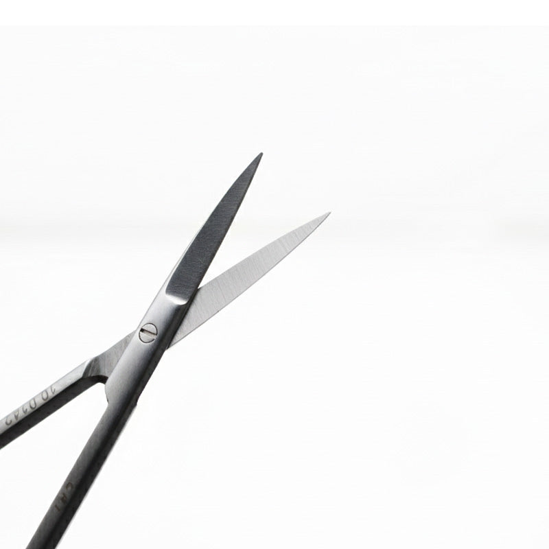 Straight CAT Iris Surgical Scissors by CAT Instruments, 10 cm, stainless steel with fine tips for precise cutting.