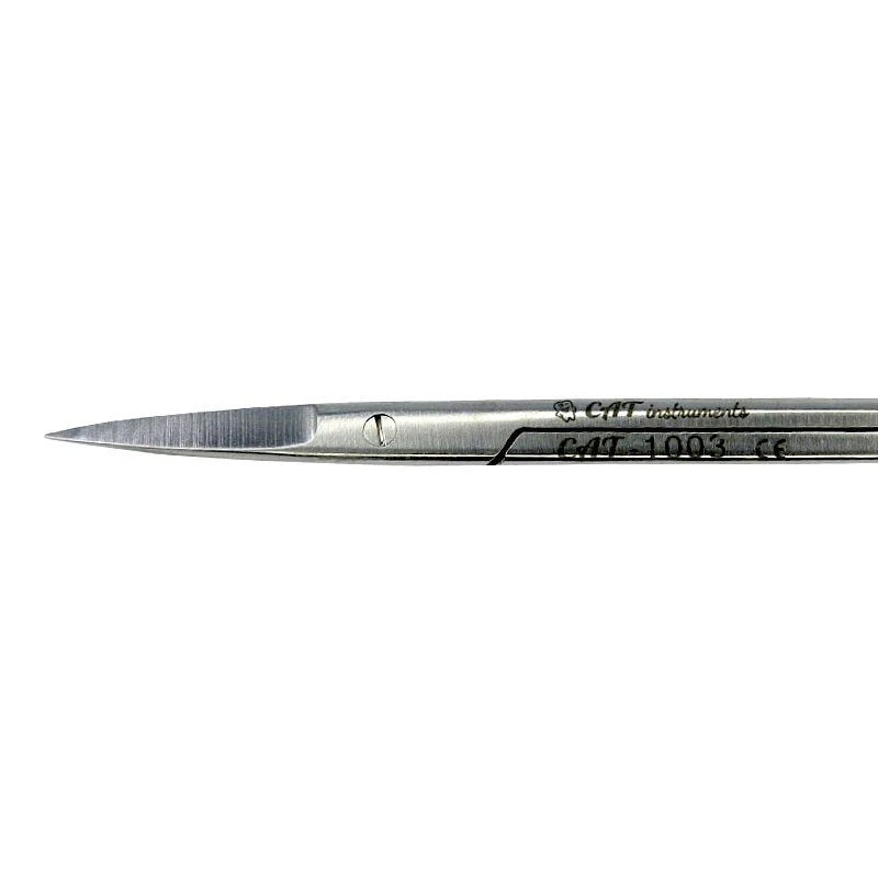 CAT Instruments surgical straight iris scissors, 9 cm, with sharp blades for precise eye surgery procedures.