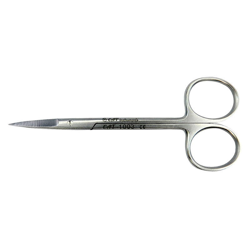 CAT Instruments surgical straight iris scissors, 9 cm, with fine blades for precise ophthalmic procedures.