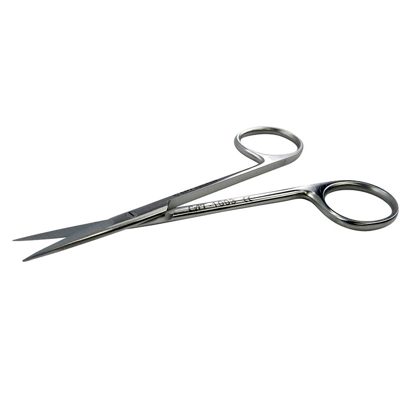 CAT Instruments surgical straight iris scissors 9 cm (3 1/2 inches) for precise eye surgery, shown with stainless steel blades.