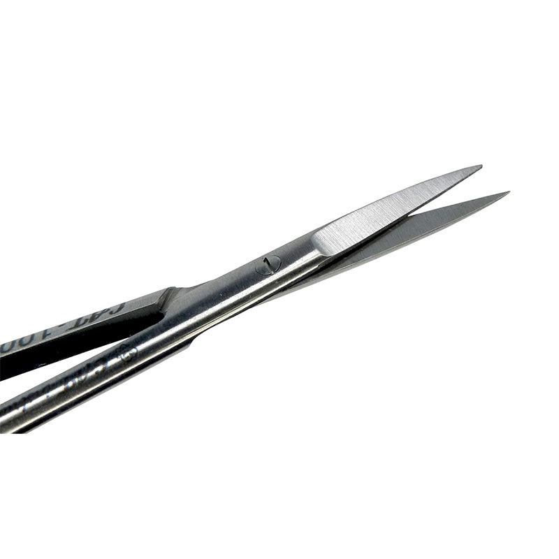 CAT Instruments surgical straight iris scissors, 9 cm (3 1/2 inches), with sharp blades for precise eye surgery procedures.