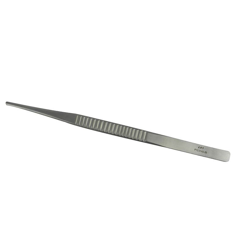 CAT Surgical tooth dressing forceps, 25cm artery forceps with serrated tips for precise dental procedures.