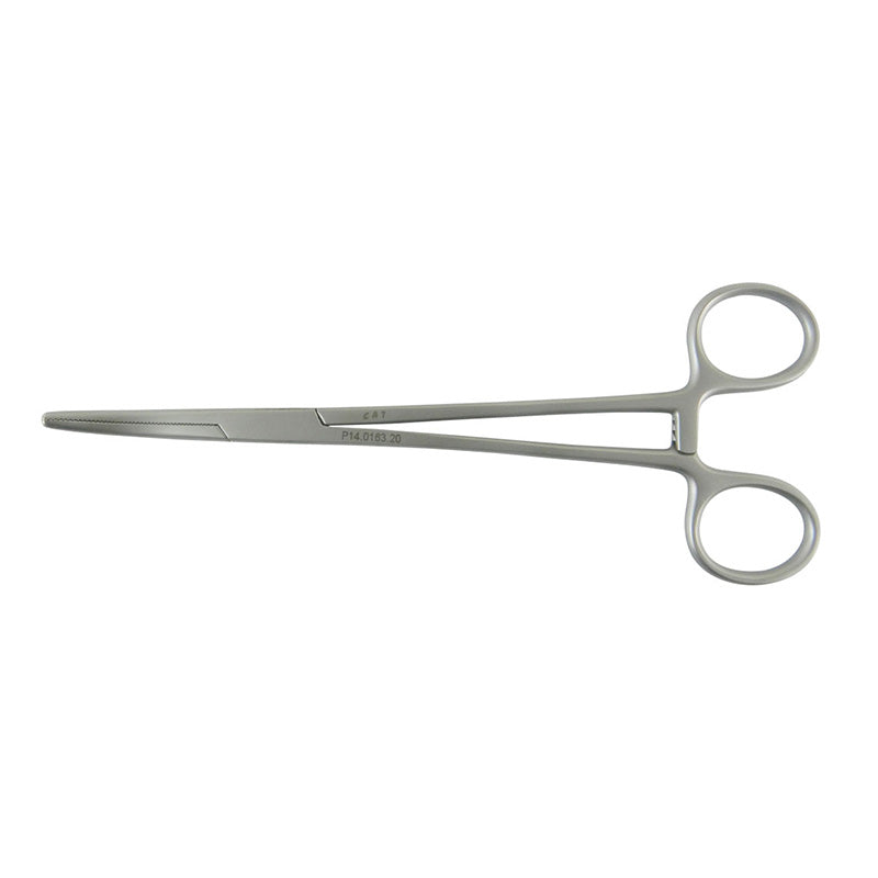 Curved 20cm CAT Surgical Spencerwells artery forceps with textured tips for precise vascular clamping and surgical procedures.