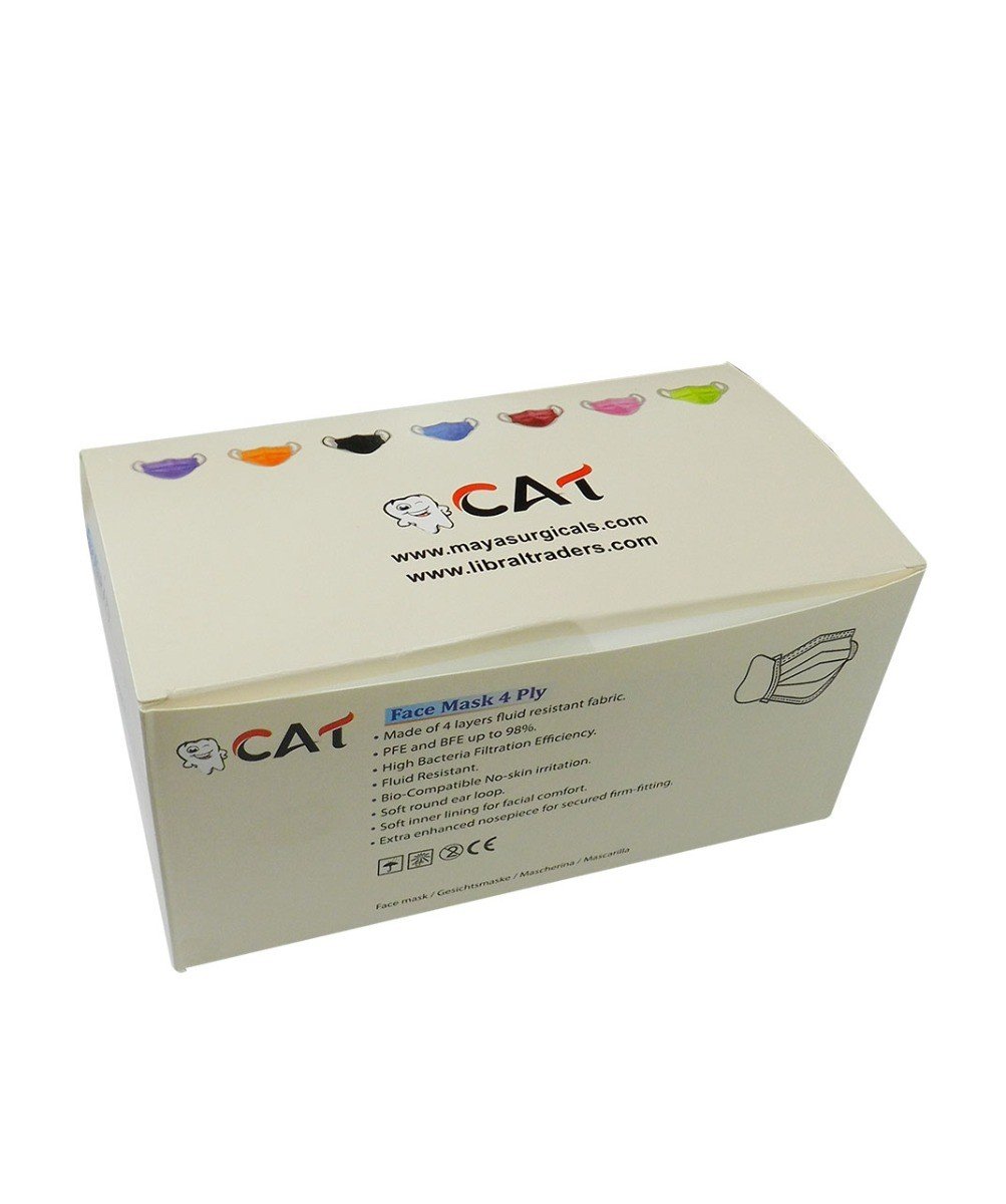 Orange CAT Surgical 4-layer surgical face mask, protection mask with ear loops, shown in a pack of 50 for medical use.