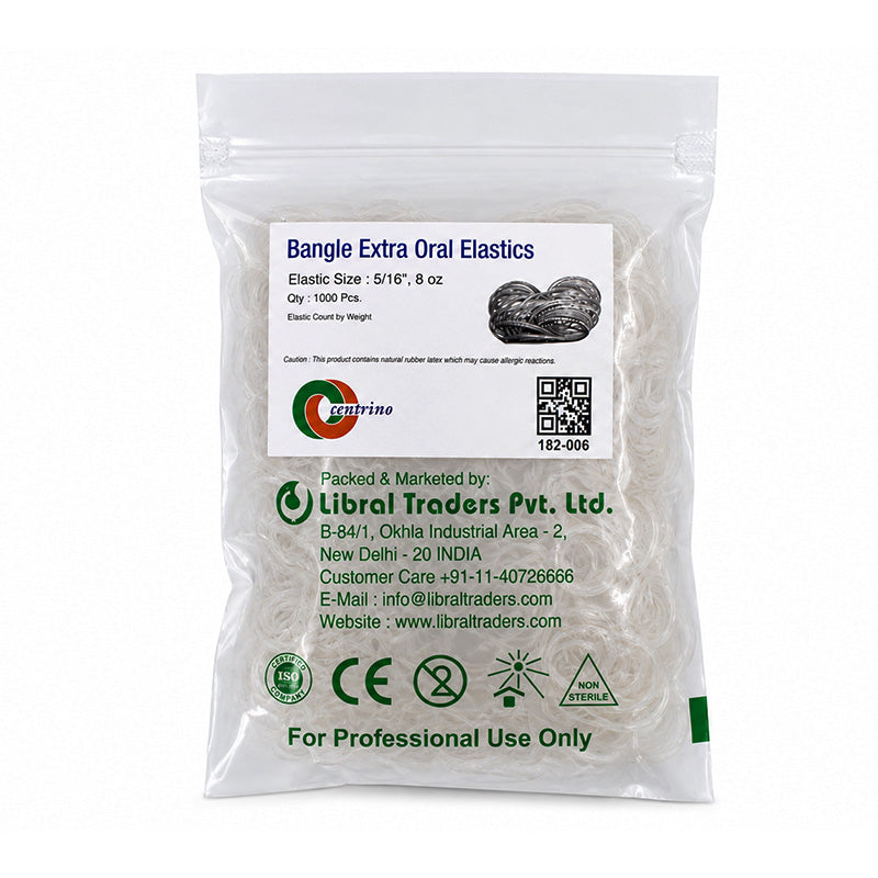 Centrino Bangle Extraoral Elastics shown in a clear image, highlighting their size and packaging for orthodontic use.