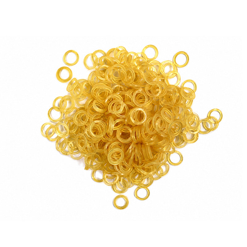 Centrino Bangle Extraoral Elastics for orthodontic use, showing the small elastic bands in a clear container.