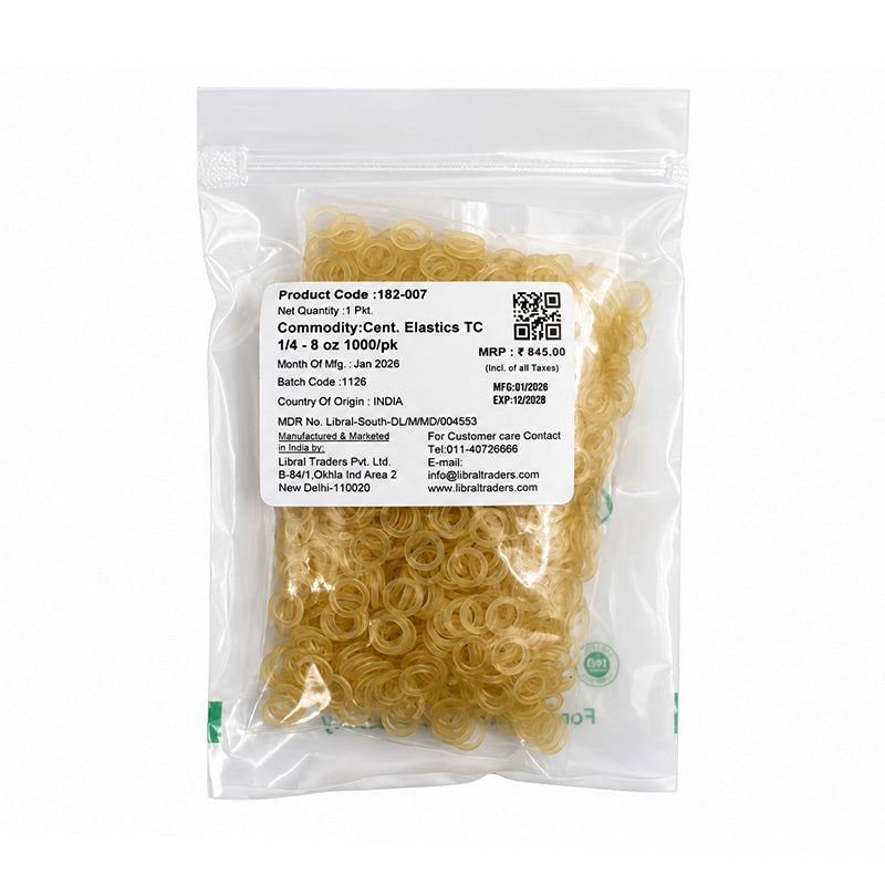 Centrino Bangle Extraoral Elastics, orthodontic rubber bands, showing the small, clear elastics used for dental orthodontic treatment.