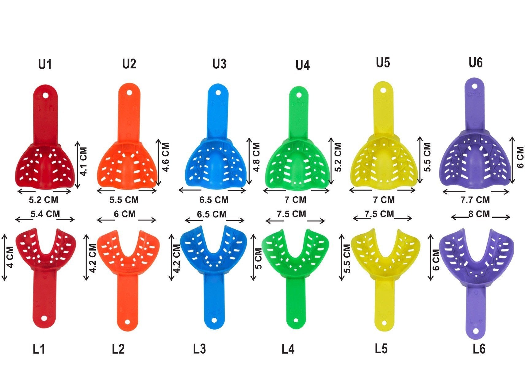 Pair of Centrino orthodontic autoclavable impression trays for dental impressions, made of durable materials.