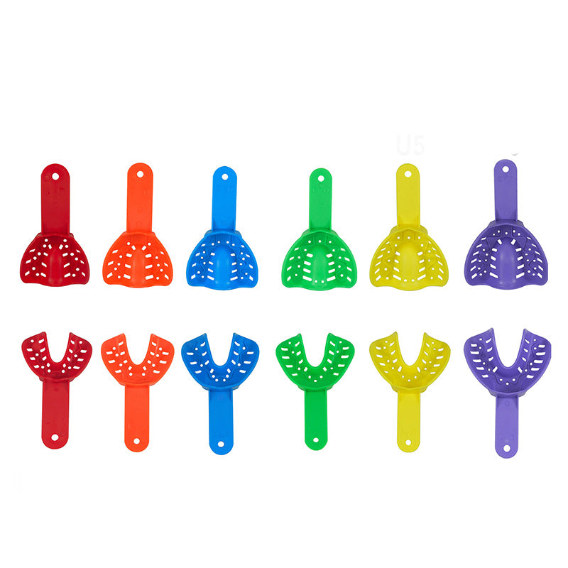 Pair of Centrino orthodontic autoclavable impression trays for dental impressions, made of durable materials.