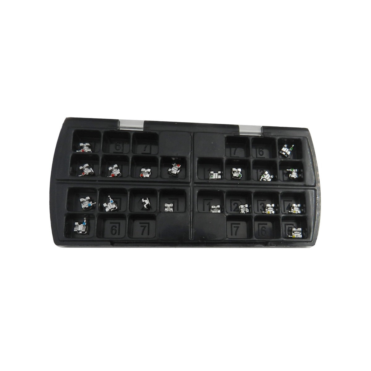 Set of 20 Centrino Roth MBT metal brackets, standard and mini sizes, designed for secure mounting and sturdy support.