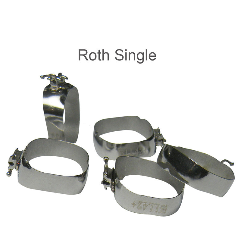 Centrino preformed molar bands with ROTH 018 UDLS tubes, right side, 5-pack of orthodontic molar bands for dental applications.