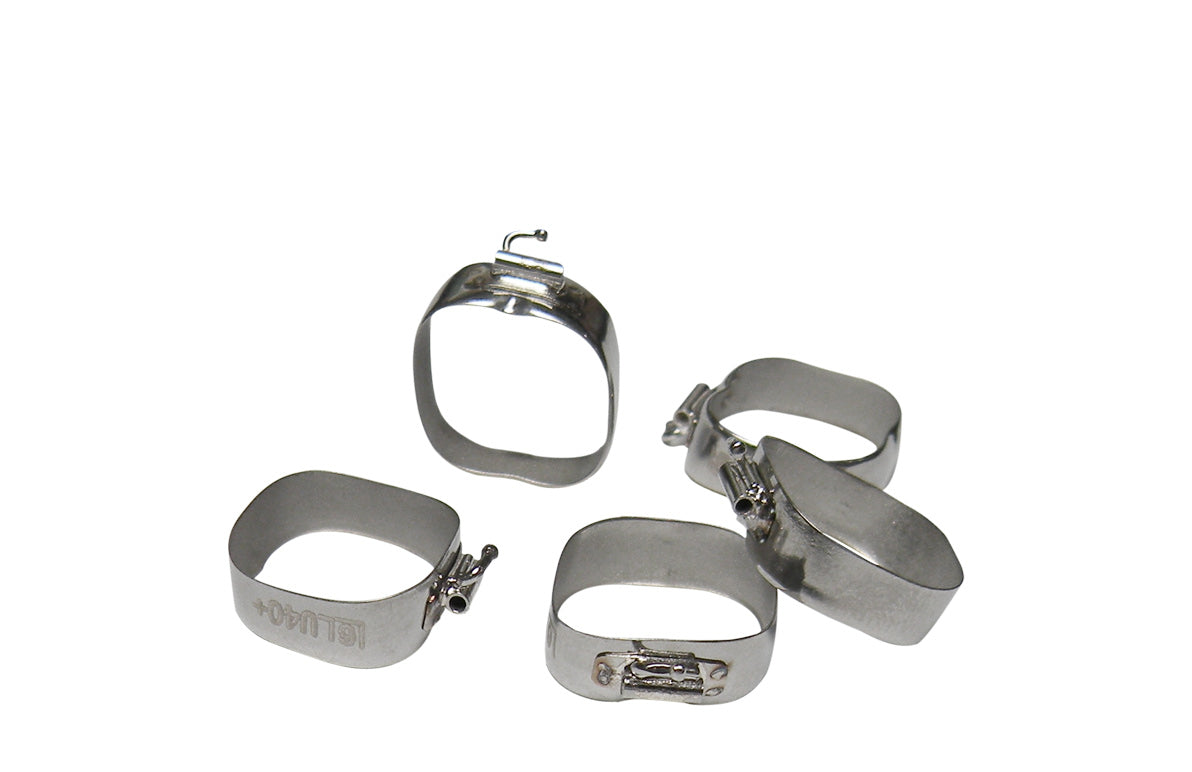 Centrino preformed molar bands with Beggs tube, upper right view, 5-pack, orthodontic dental appliance for molar stabilization.
