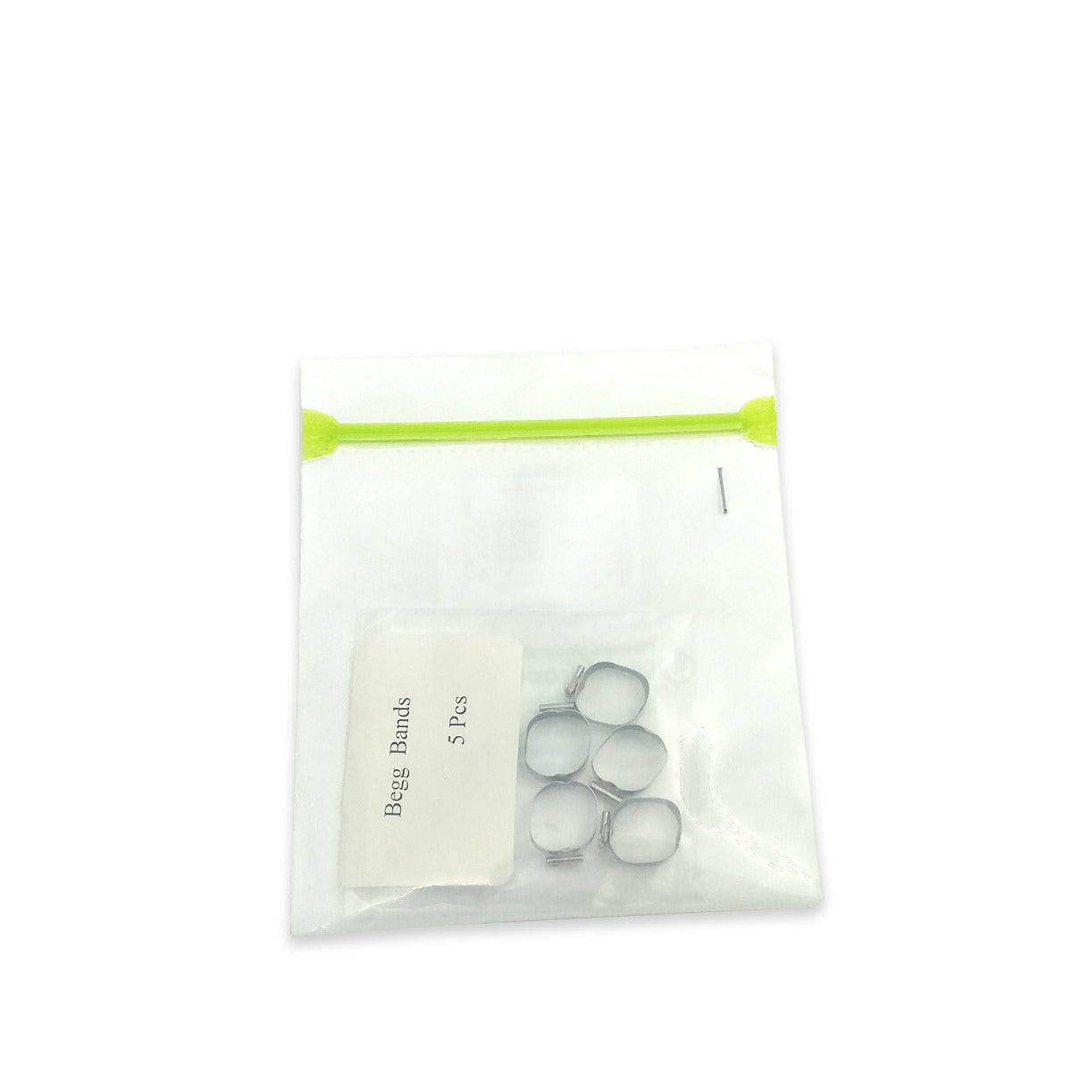 Centrino preformed molar bands with Beggs tube, upper right view, 5-pack, dental orthodontic appliance.