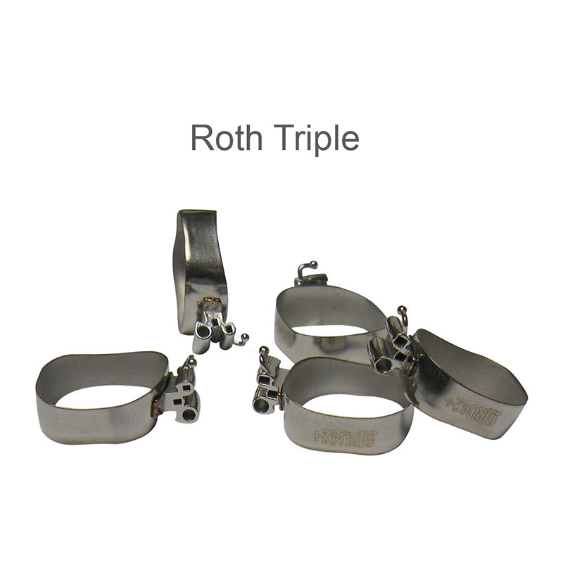 Preformed Centrino molar bands with ROTH 022 UTLD tubes, shown in a pack of five, designed for orthodontic applications.
