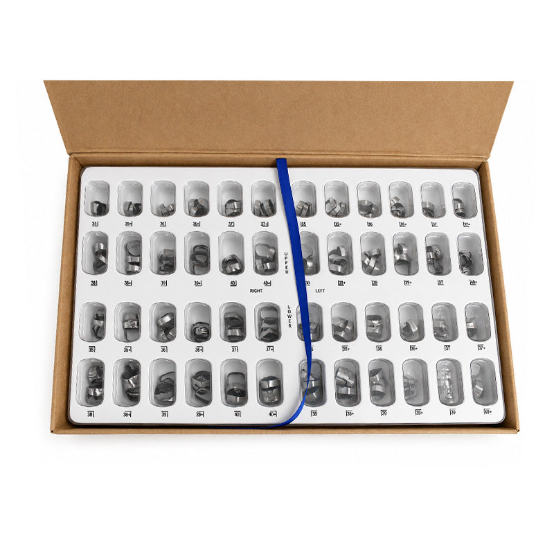 Centrino preformed molar bands with Beggs tube starter kit, dental orthodontic accessories for molar band placement and fitting.