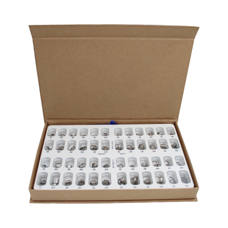 Centrino preformed molar bands with Roth tubes from the starter kit, designed for orthodontic dental applications.