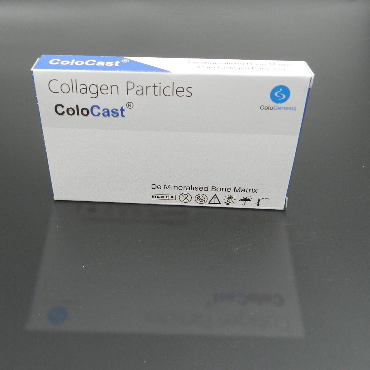 Cologenesis Healthcare Colo Cast mineralized bone matrix collagen particles in vial packaging for bone graft procedures.