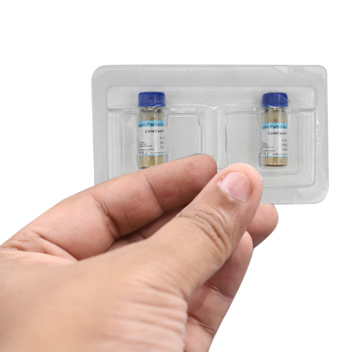 Two vials of Cologenesis Colo Cast de Mineralised Bone Matrix Collagen Particles by Cologenesis Healthcare for bone graft procedures