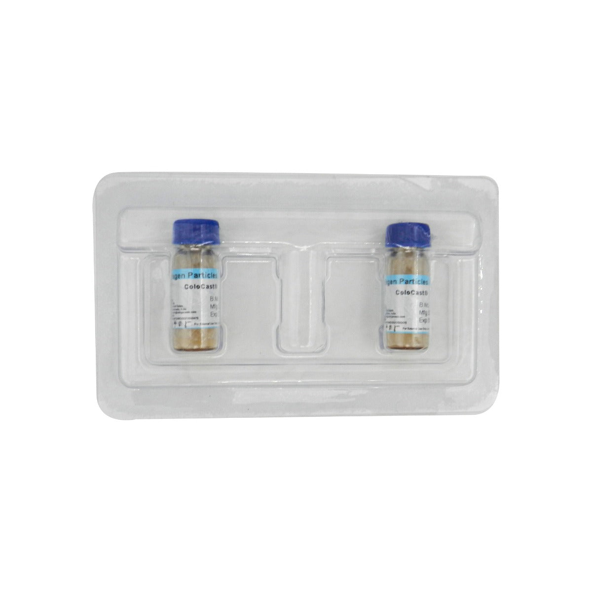 Cologenesis Colo Cast de mineralised bone matrix collagen particles in vial packaging, used as a bone graft for regenerative procedures.