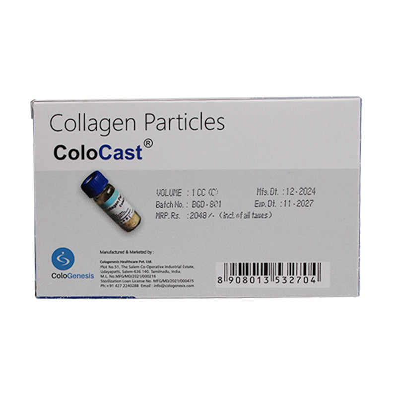 Cologenesis Healthcare Colo Cast de Mineralised Bone Matrix Collagen Particles in vial packaging for bone grafting procedures.