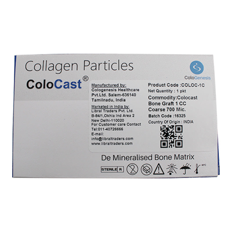 Two vials of Cologenesis Colo Cast de Mineralised Bone Matrix Collagen Particles bone graft by Cologenesis Healthcare in vial packaging.