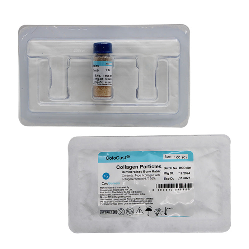 Cologenesis Healthcare Colo Cast de Mineralised Bone Matrix Collagen Particles in vial packaging for BoneGraft procedures.