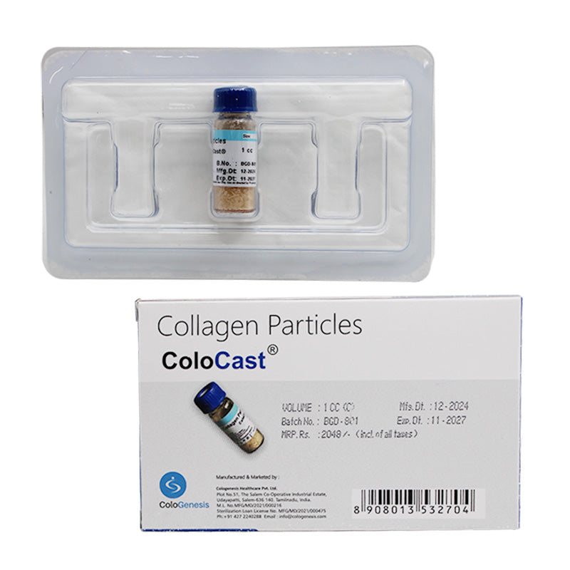 Two vials of Cologenesis Colo Cast de Mineralised Bone Matrix Collagen Particles BoneGraft by Cologenesis Healthcare in vial packaging.