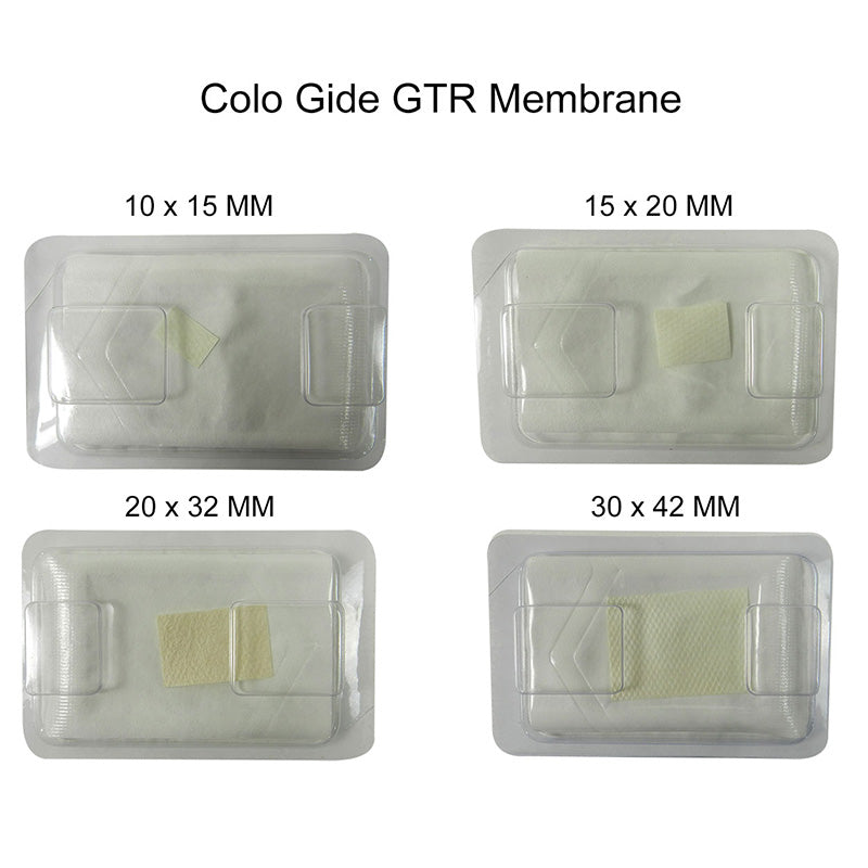 Sterile collagen sheet membrane from Cologenesis Healthcare, Colo Gide GTR, used as a membrane or plug for dental or surgical procedures.