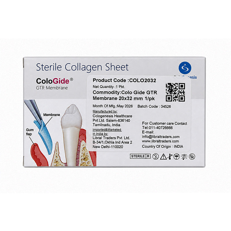 Sterile collagen sheet membrane by Cologenesis Healthcare, Colo Gide GTR, 20x32 mm, used as a membrane or plug in dental procedures.