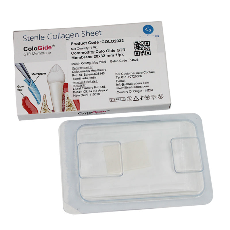 Sterile Cologenesis Colo Gide GTR collagen membrane sheet and plug for surgical use, measuring 20x32 mm, by Cologenesis Healthcare.